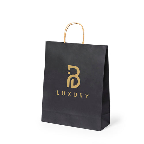 Sac en papier avec finition noire de 100 g/m², doté de poignées courtes renforcées en ton naturel et de soufflets à la base et sur les côtés - Linel Personnalise