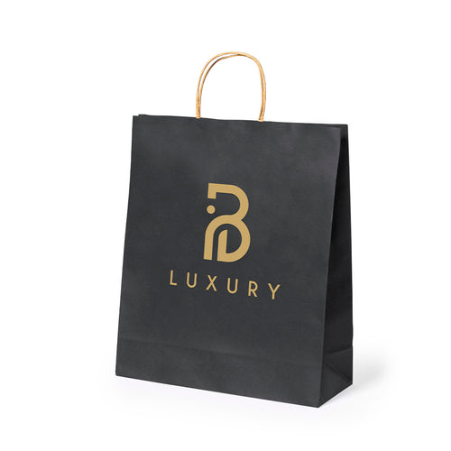 Sac en papier avec finition noire de 100 g/m², doté de poignées courtes renforcées en ton naturel et de soufflets à la base et sur les côtés - Mepus Personnalise
