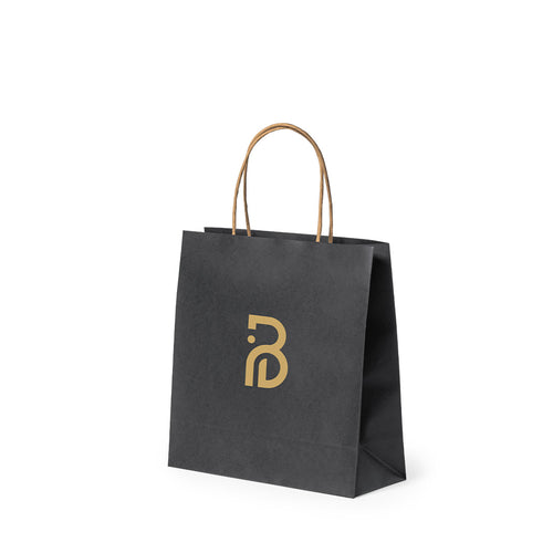 Sac en papier avec finition noire de 100 g/m², doté de poignées courtes renforcées en ton naturel et de soufflets à la base et sur les côtés - Fortis Personnalise