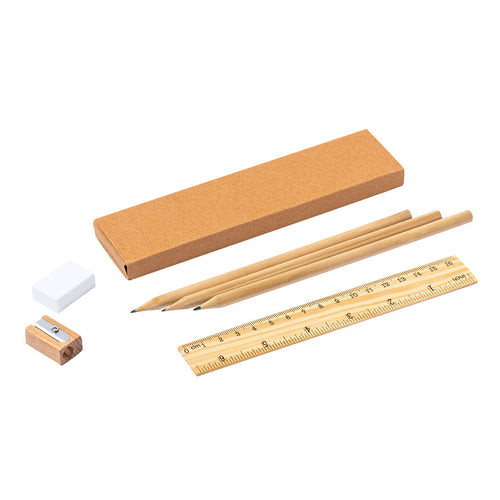 Set de 6 pièces avec 3 crayons en bois naturel et corps cylindrique, mine noire, règle de 20 cm avec système métrique en cm/pouces, gomme et taille crayon - Dony Personnalise