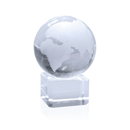Boule en verre, forme planète Terre sur un socle prévu pour le marquage au laser - World Personnalise