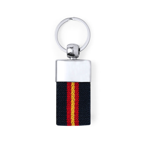 Porte-clés en polyester avec drapeau espagnol sur ruban et renfort métallique Finition argenté brillant - Vinger Personnalise