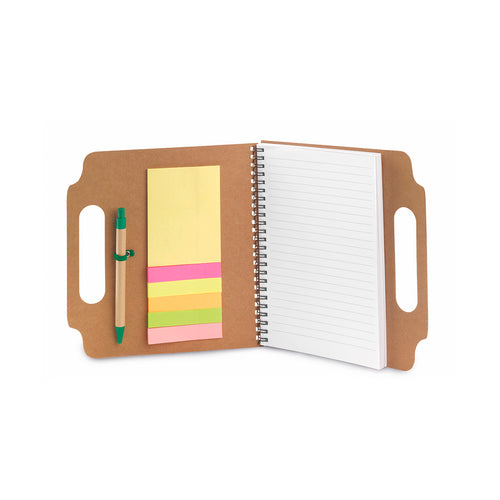 Bloc à spirales de feuilles adhésives avec stylo en carton recyclé inclus - Makron Personnalise