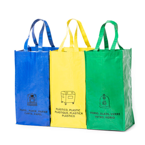 Ensemble de 3 sacs pour recyclage jaune-vert et bleu en PP tissé laminé de 125g/m2, finition brillante - Lopack Personnalise