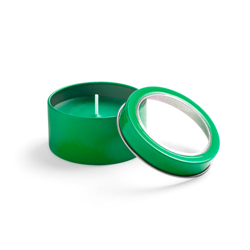 Bougie aromatique au parfum de vanille présentée dans un original pot en métal avec fenêtre transparente - Sioko Personnalise