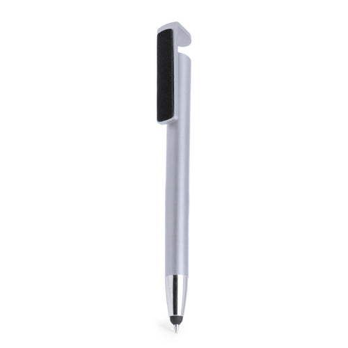 Stylo à bille multifonction avec bouton-poussoir et clip à double fonction spécialement conçu pour servir de support à un appareil mobile et aussi comme nettoyant pour écran - Finex Personnalise