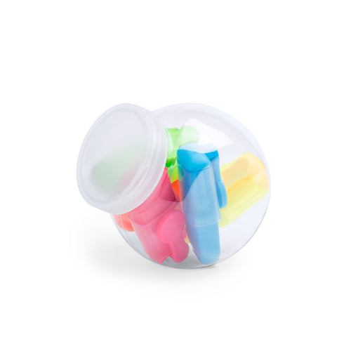 Ensemble de surligneurs fluorescents en cinq coloris, présentés dans un flacon au corps transparent avec couvercle à vis blanc - Layax Personnalise