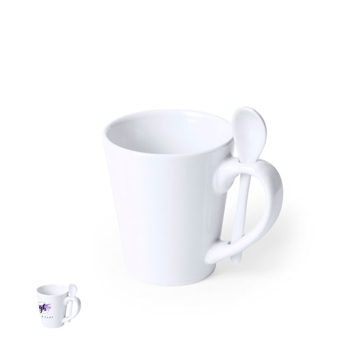 Mug blanc en céramique d´une capacité de 350ml avec cuillère en céramique intégrée dans l´anse - Kaffir Personnalise