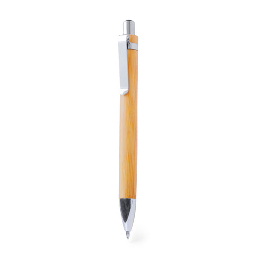 Elégant stylo à bille avec corps en bambou naturel et attributs métalliques coloris argent brillant - Yiagan Personnalise