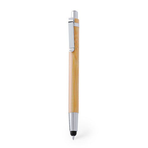 Ellégant stylo stylet à poussoir avec corps en bambou naturel et attributs métalliques coloris argent brillant - Sirim Personnalise