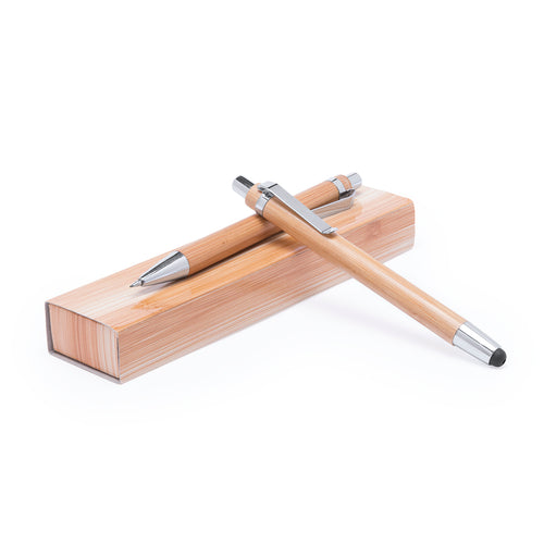 Ensemble de stylo à bille à poussoir et porte-mines dans un mélange original de bambou naturel pour le corps et d´attributs métalliques coloris argent brillant - Heleon Personnalise