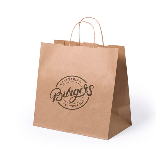 Sac en papier avec finition naturelle de 80 g/m², doté de courtes anses renforcées et de soufflets à la base et sur les côtés - Take Away Personnalise
