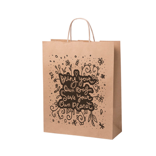 Sac en papier avec finition naturelle de 100 g/m², doté de courtes anses renforcées et de soufflets à la base et sur les côtés - Nauska Personnalise