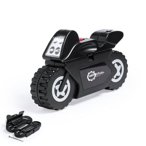 Set d´outils avec 14 accessoires dans un étui robuste en forme de moto avec une lampe à 4 LED intégrée - Mostik Personnalise