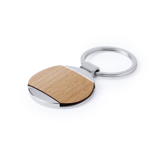 Porte-clés en métal brillant et bois naturel avec une grande surface de marquage - Vitolok Personnalise