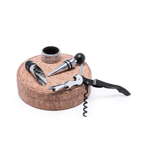 Set ensemble à vin dans un coffret rond en liège naturel avec intérieur en mousse beige - Bribal Personnalise
