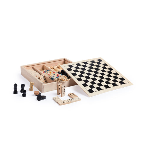 Set de quatre jeux en bois comprenant le mikado, les échecs, les dames et les dominos - Xigral Personnalise