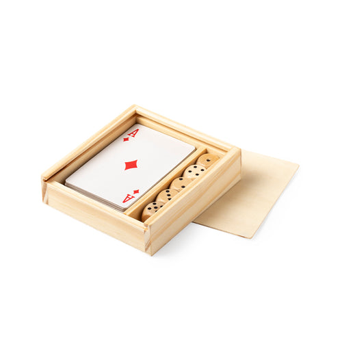 Set jeux de société avec des cartes françaises et 4 dés en bois, présentés dans un coffret individuel en bois avec couvercle coulissant - Pelkat Personnalise