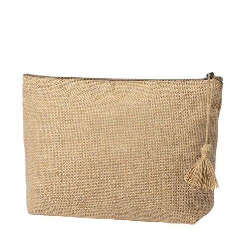 Petite trousse de toilette ou de maquillage en toile de jute laminé avec fermeture éclair avec cordelette et pompon à son extrémité - Lindak Personnalise