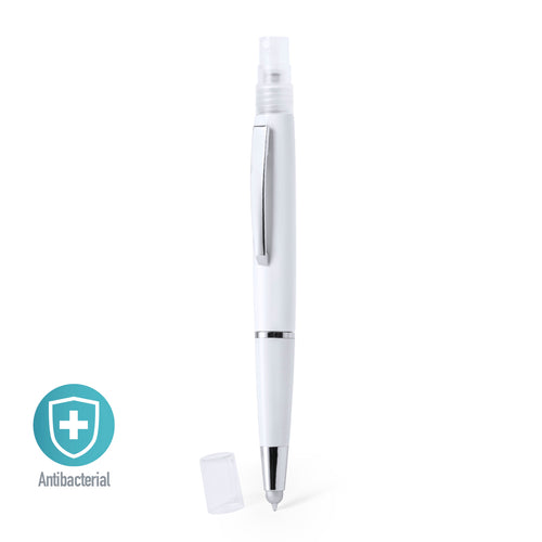 Stylo à bille antibactérien avec pulvérisateur rechargeable et capuchon de protection, avec indicateur de couleur grise - Yak Personnalise