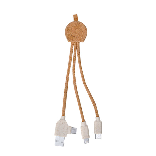 Câble chargeur USB de la ligne Nature , fabriqué en liège naturel et avec des accessoires en paille de blé, favorisant l'utilisation de matières premières naturelles et réduisant les émissions polluantes - Stuart...