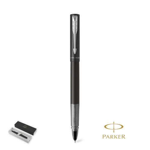 Stylo roller Parker Vector XL, en acier inoxydable poli, souligné d'une garniture chromée et de l'incomparable clip avec la forme de pointe de flèche emblématique de la marque sur le capot Personnalise