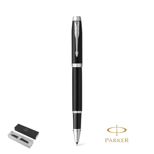 Stylo roller Parker IM Essential, avec corps et capuchon en métal laqué de couleur noir mat et garniture chromée Personnalise