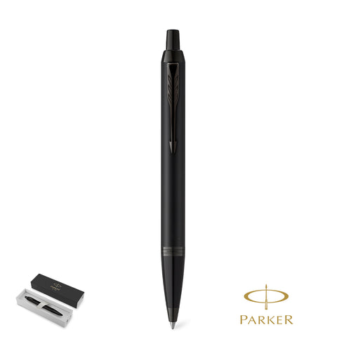Stylo roller Parker IM Essential, avec corps et capuchon en métal laqué de couleur noir mat et garniture chromée - IM Achromatic Personnalise